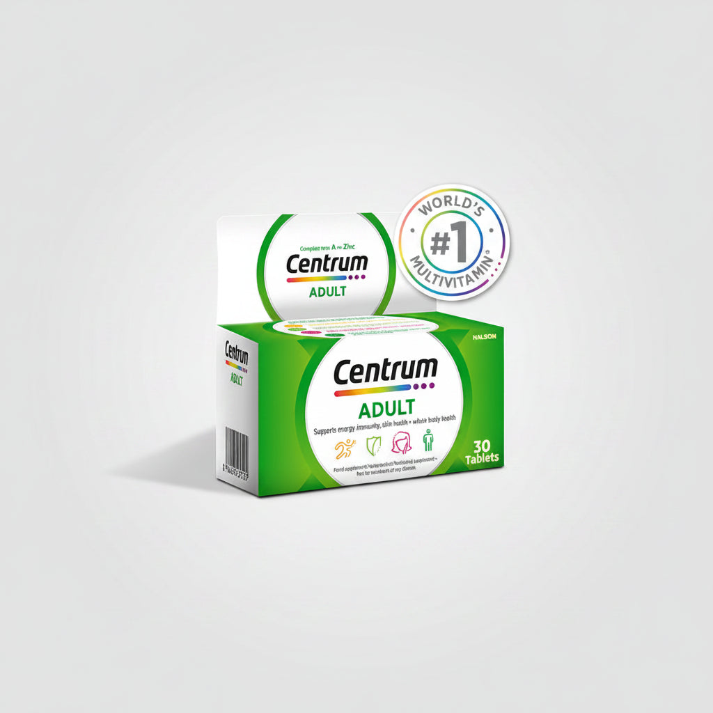 Centrum Adult multivitamin packaging with product details on a white background
