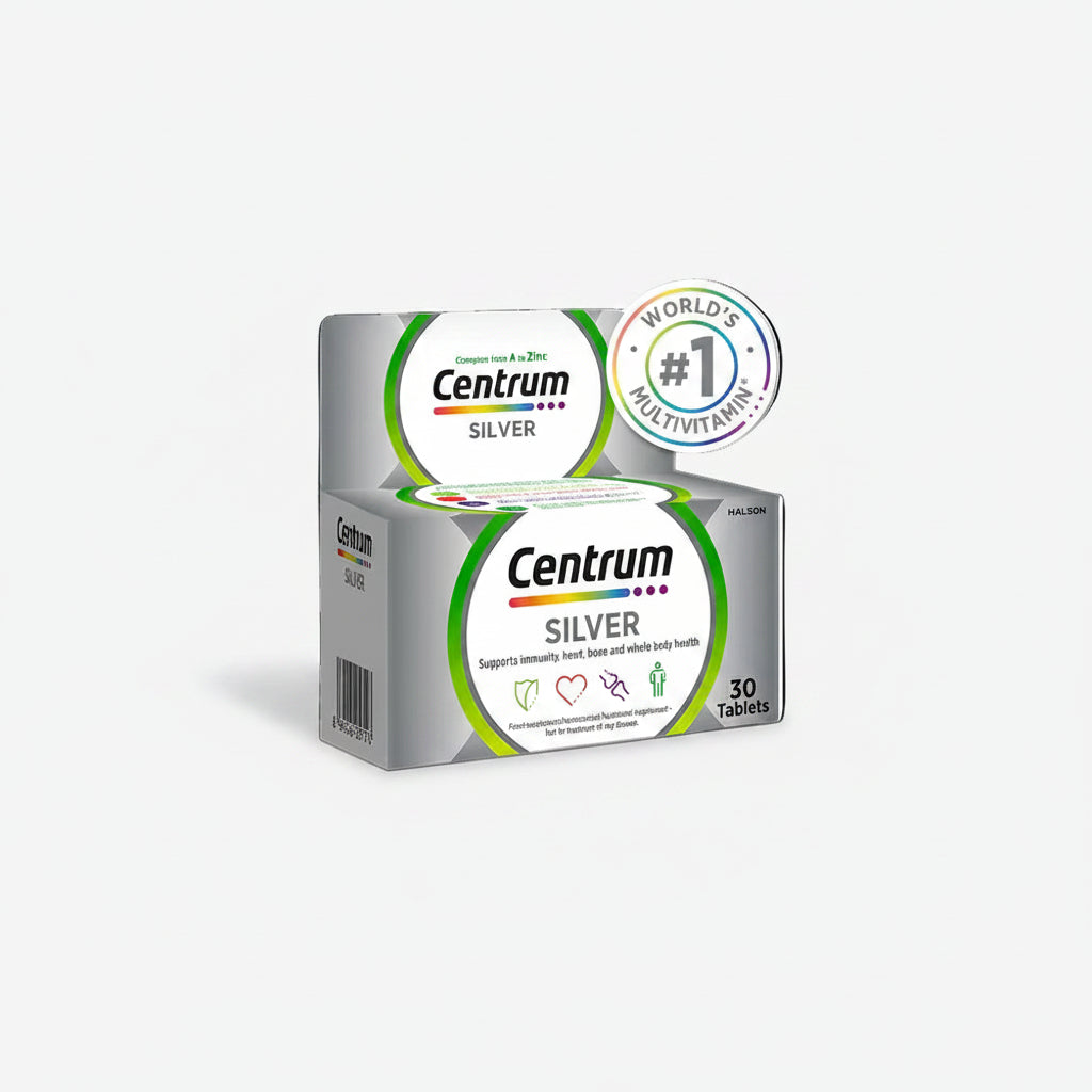Centrum Silver multivitamin packaging with product details on a white background