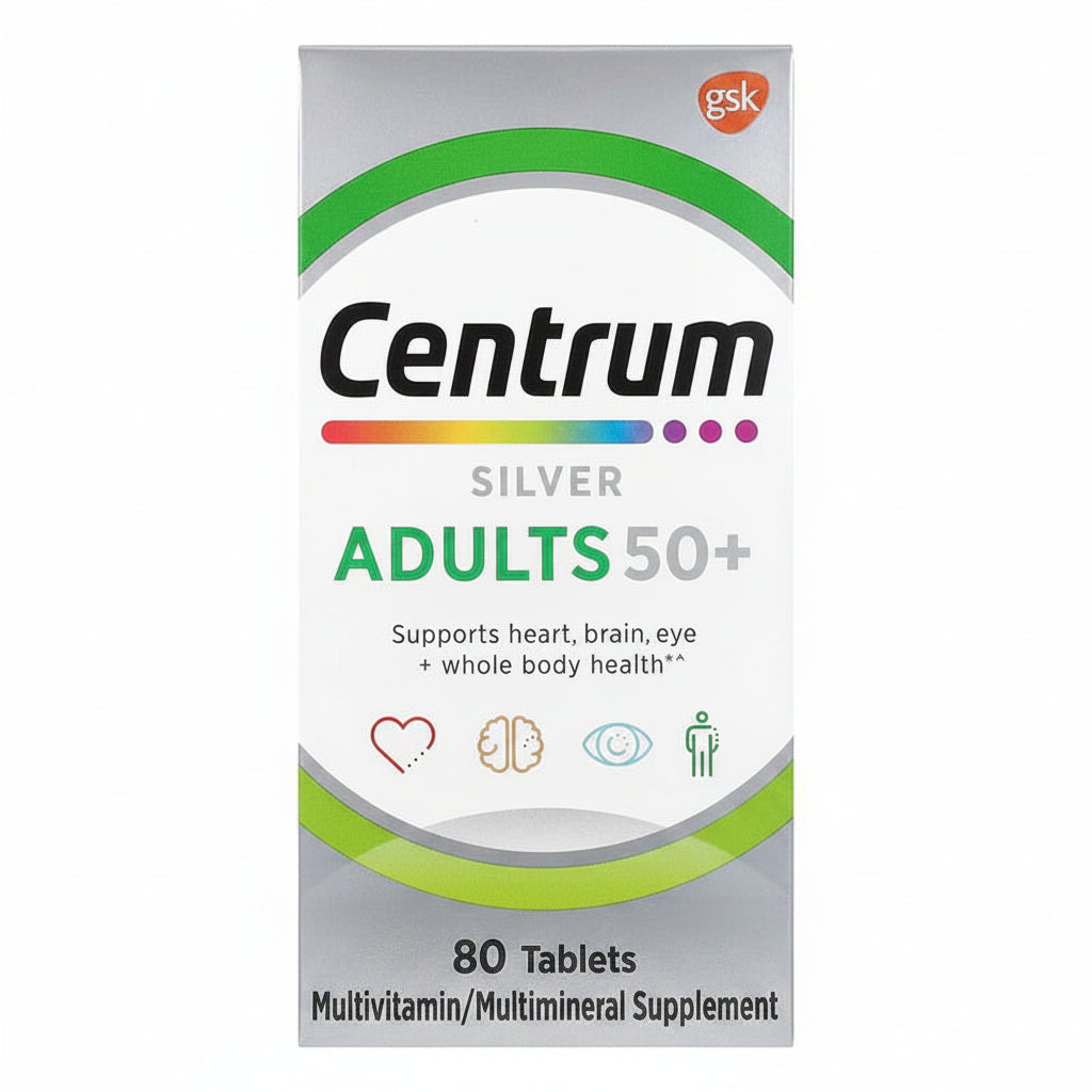 A box of GSK Centrum Silver Adults 50+ multivitamin tablets, featuring a white and silver design with green accents and product details on a white background.
