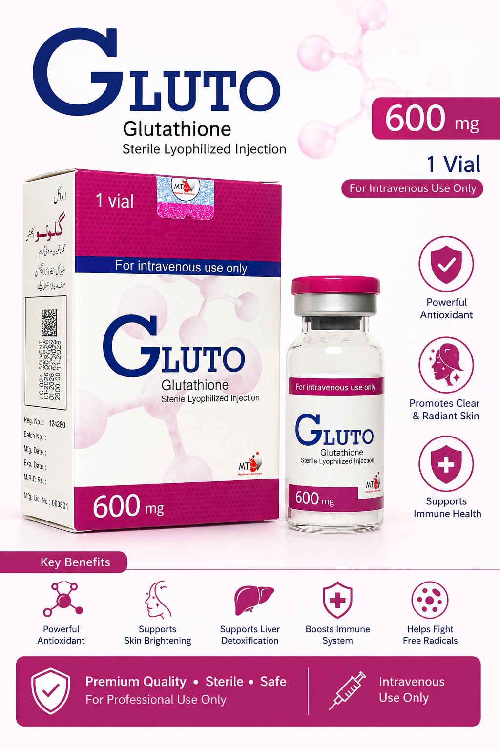 GLUTO Glutathione 600mg Sterile Lyophilized Injection – 1 Vial