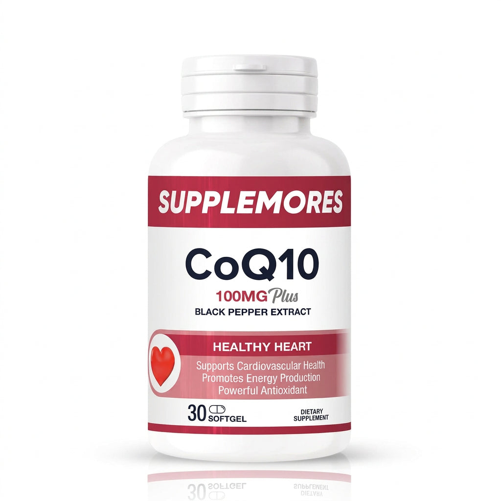 Supplement bottle labeled 'Supplemores CoQ10 100MG Plus' on a white background