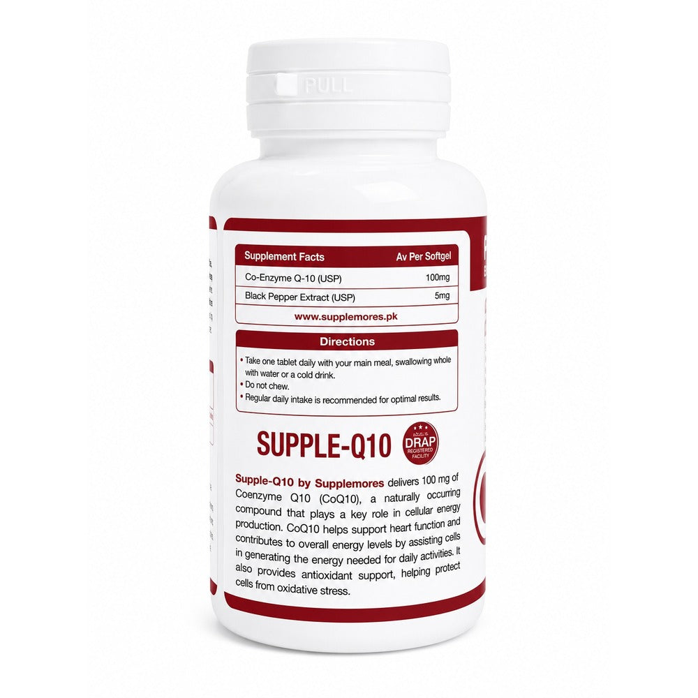 A white plastic bottle of DRAP (Dharmachakra) SUPPLE-Q10 dietary supplement, showing the back label with supplement facts, directions, and a red DRAP logo.