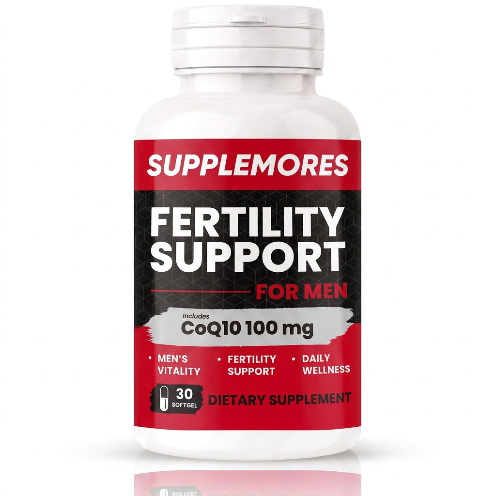 A white plastic bottle of Supplemores Fertility Support dietary supplement for men, featuring a bold red and black label with white text, set against a plain white background with a soft reflection below.
