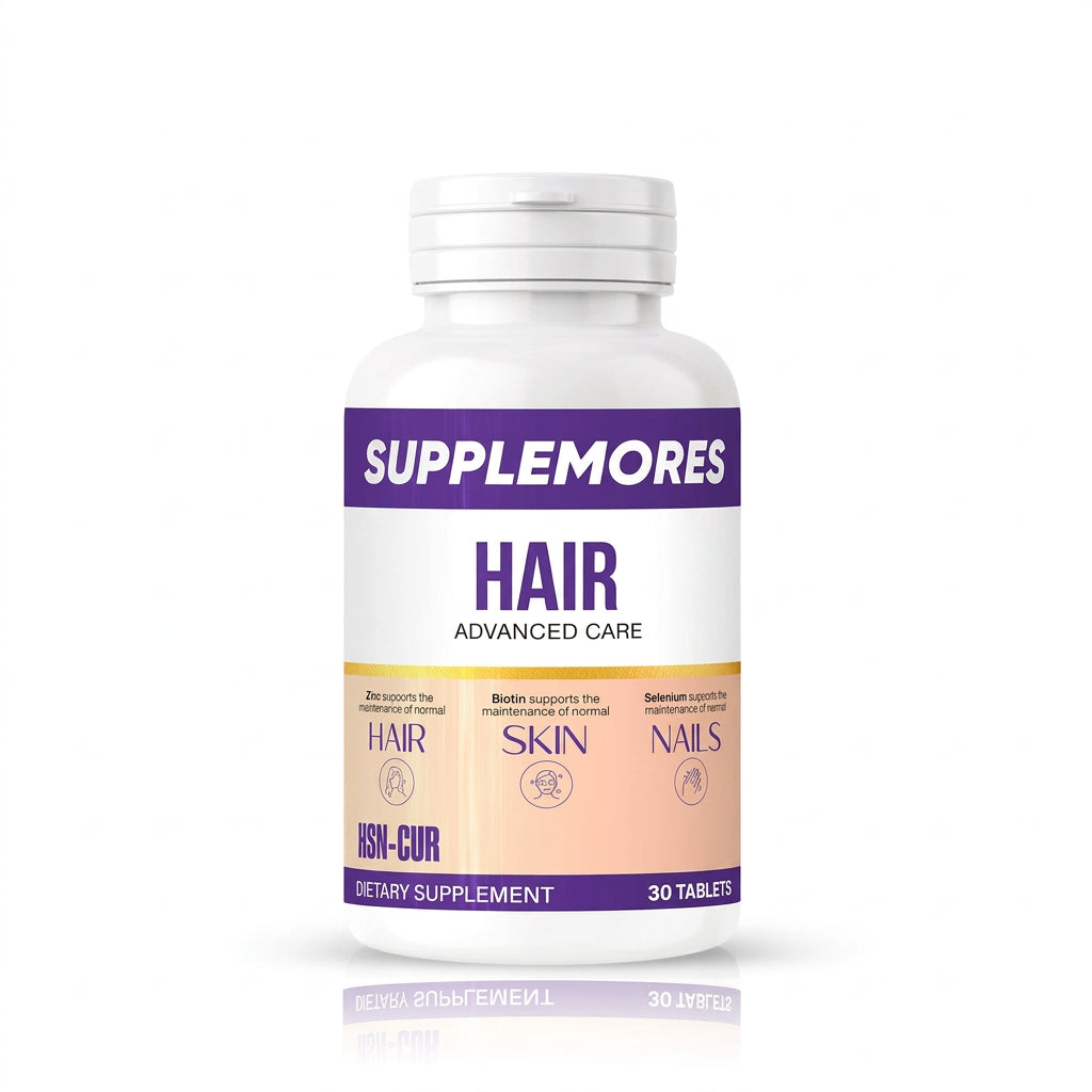 Supplement bottle labeled 'Supplemores Hair Advanced Care' on a white background