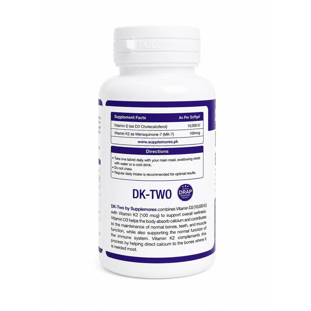 A white plastic bottle of DK-TWO dietary supplement with a white cap, featuring a white label with purple text and a blue circular DRAP logo, set against a plain white background.