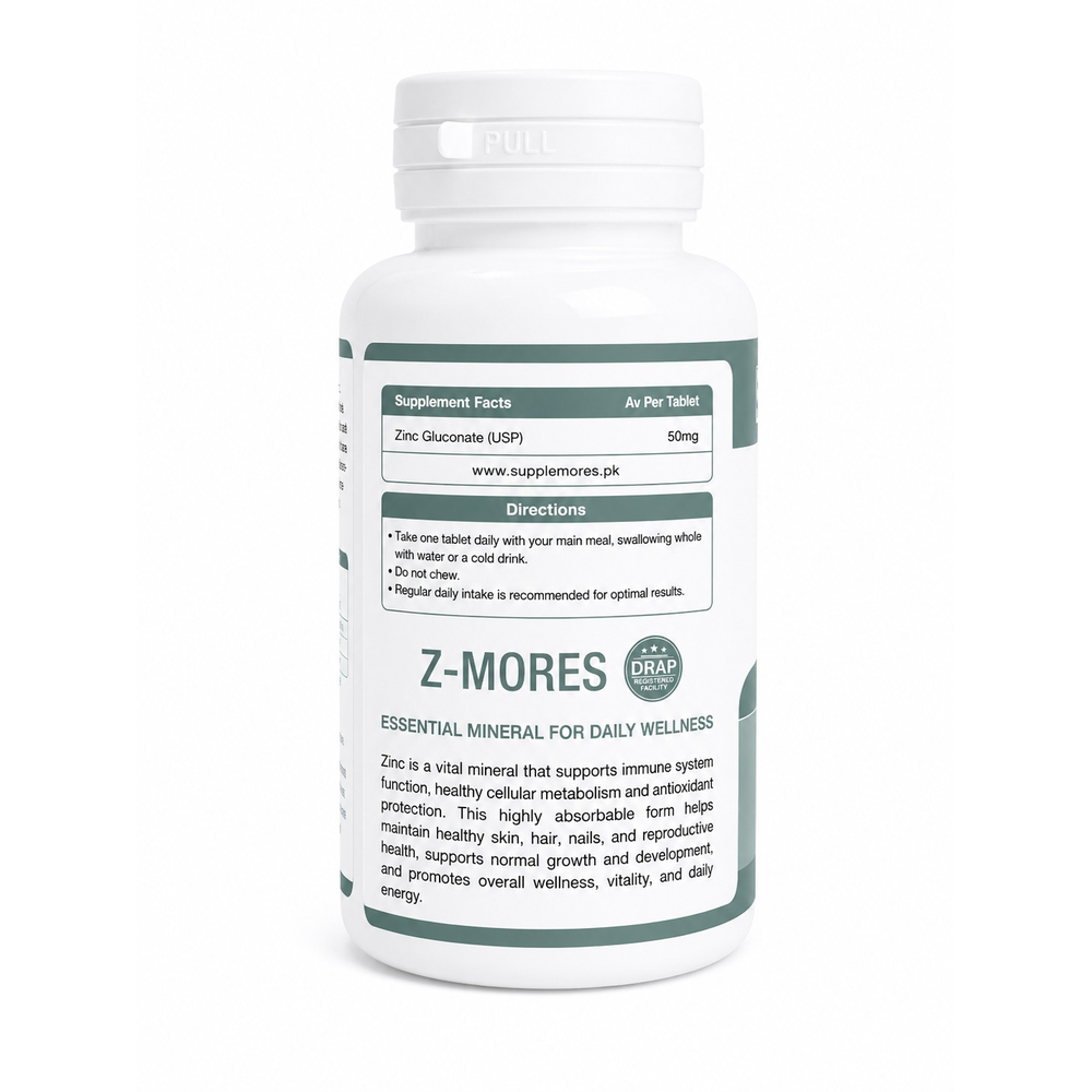 A white plastic bottle of Z-Mores Essential Mineral dietary supplement with a white cap, featuring a clean white and dark green label on a white background.