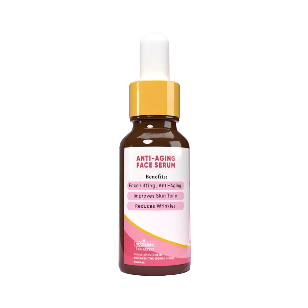 Anti-aging face serum bottle with dropper on a pink background