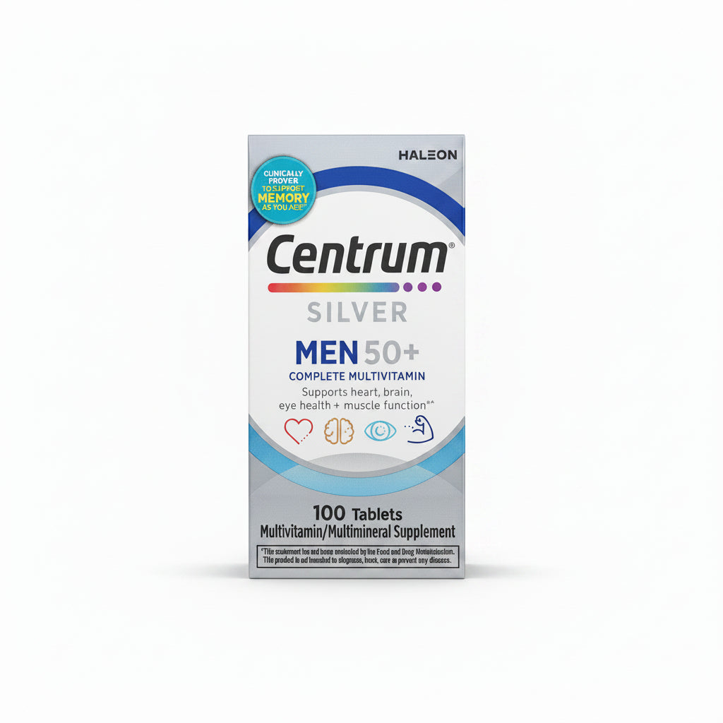 Centrum Silver Men 50+ multivitamin supplement packaging on a white background