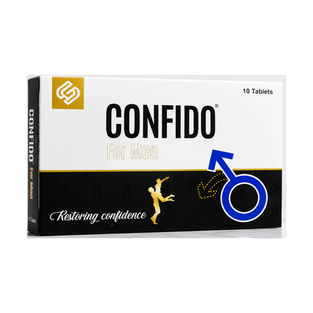 A box of Confido tablets for men, featuring a white and black design with a gold logo and a blue male symbol on a clean white background.