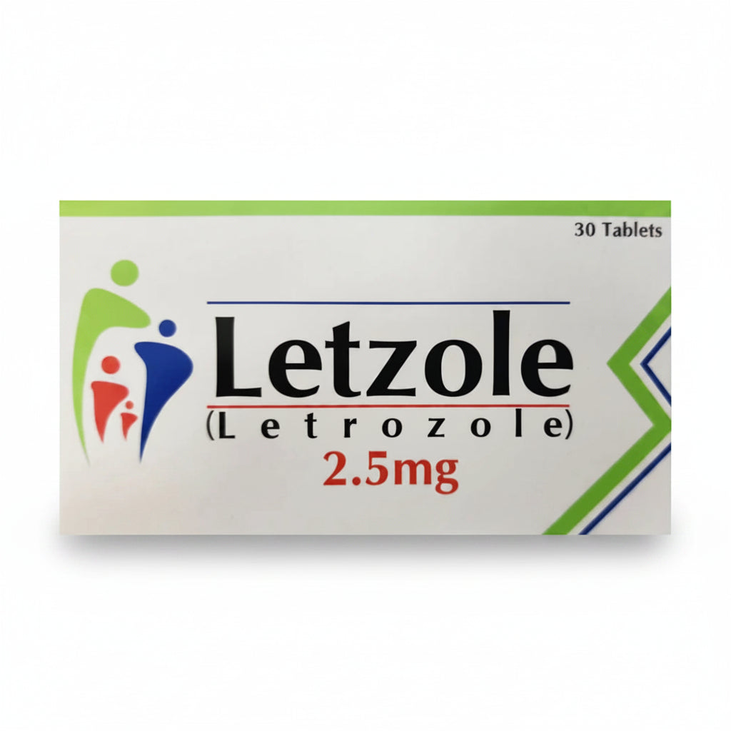 Letzole (Letrozole) 2.5mg 30 Tablets packaging box, featuring a white background with green, blue, and red accents and a family silhouette graphic.