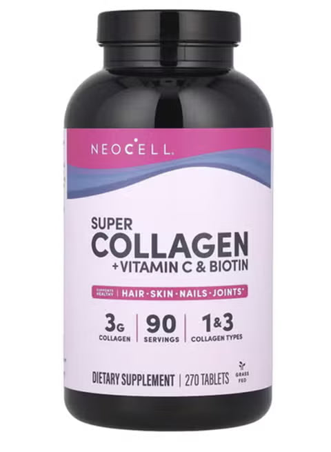 Neocell Super Collagen + Vitamin C & Biotin supplement bottle on a white background