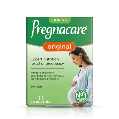 Vitabiotics Prenacare Original dietary supplement box for pregnant women, featuring a green and white design with an illustration of a pregnant woman.