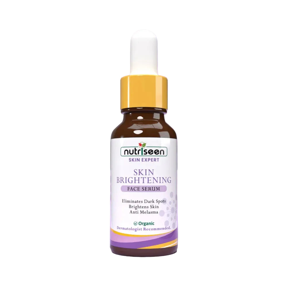 Nutrisseen skin brightening face serum bottle on a purple background