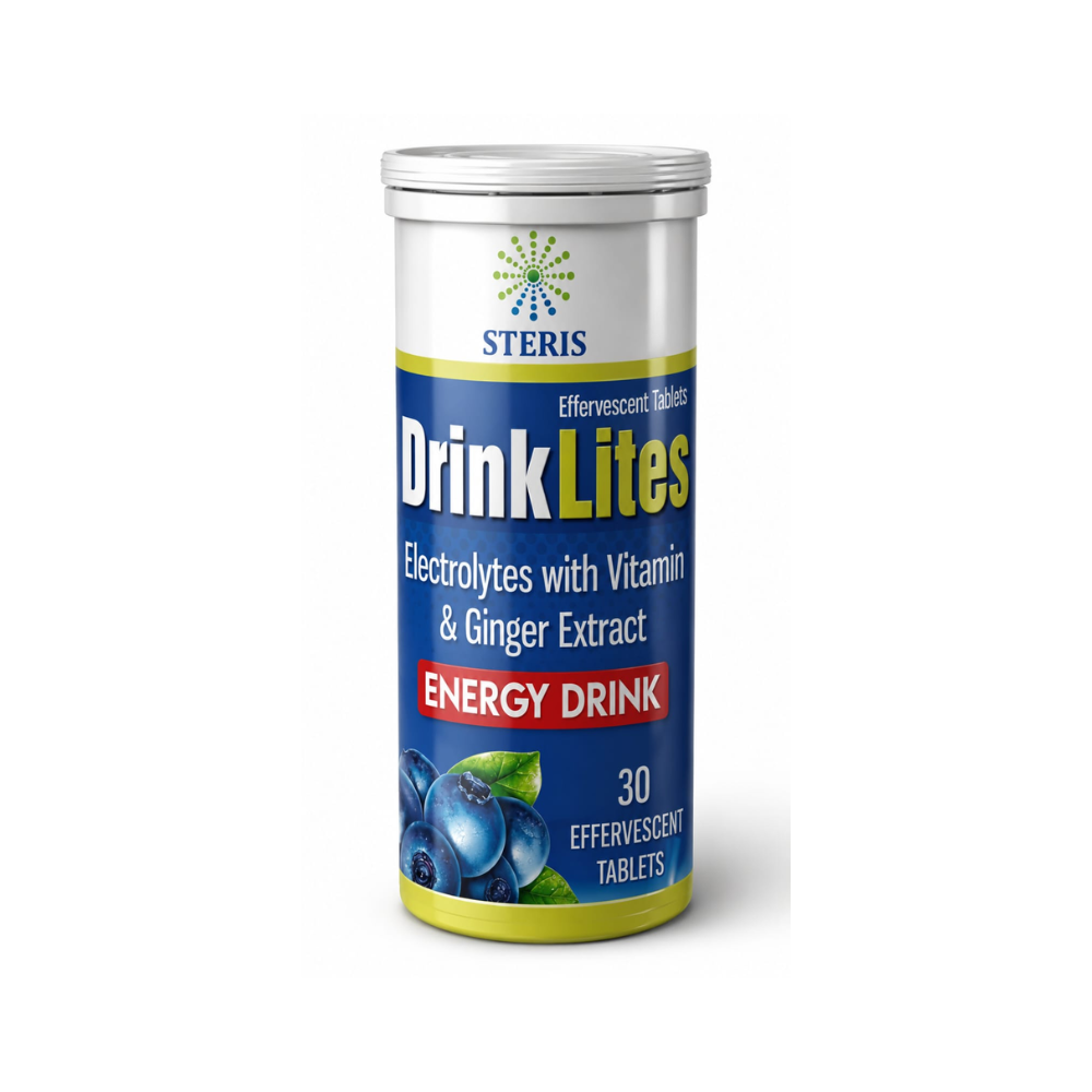 A cylindrical canister of Steris DrinkLites Energy Drink effervescent tablets, featuring a blue, white, and yellow label with blueberry graphics, on a white background.