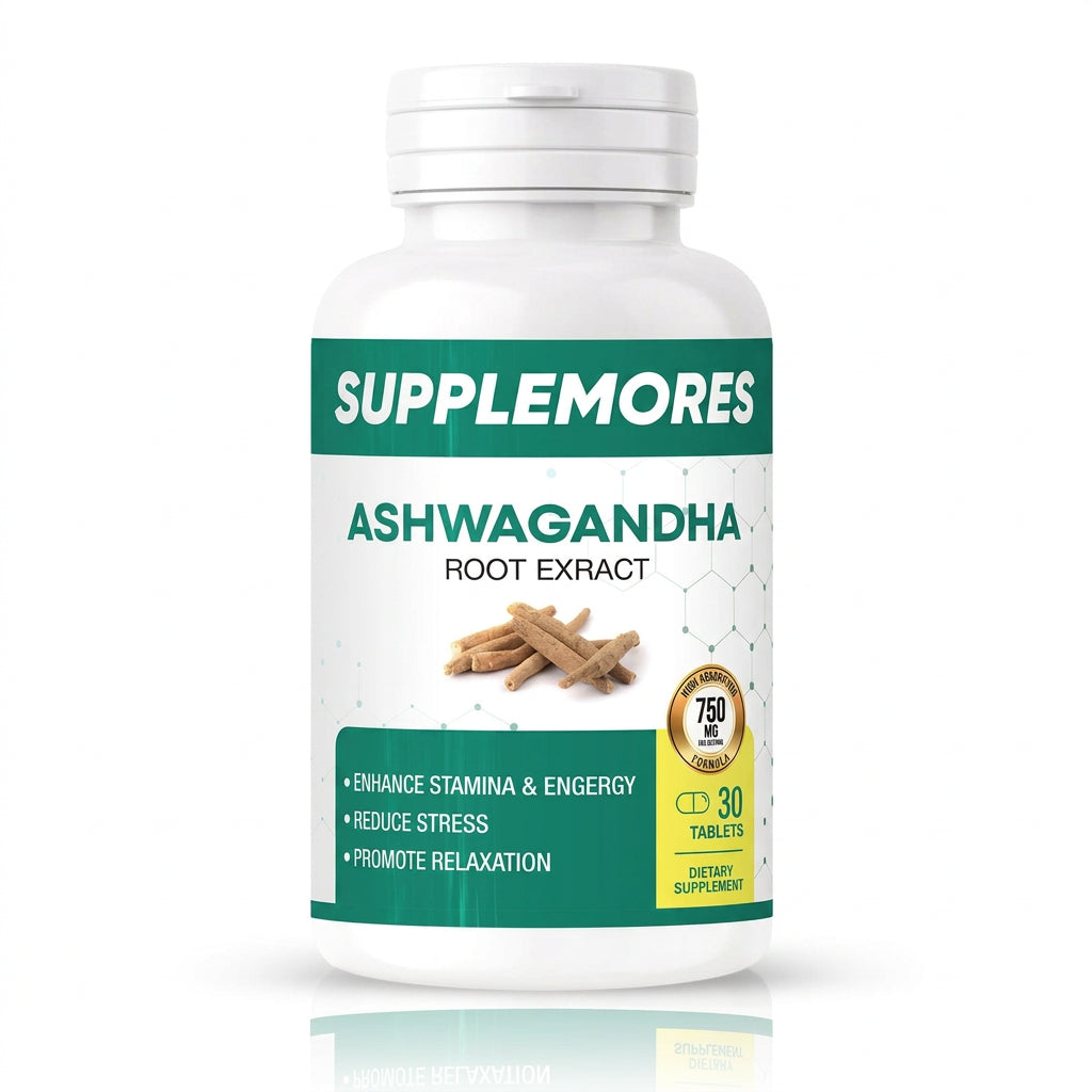 Supplement bottle labeled 'Supplemores Ashwagandha Root Extract' on a white background