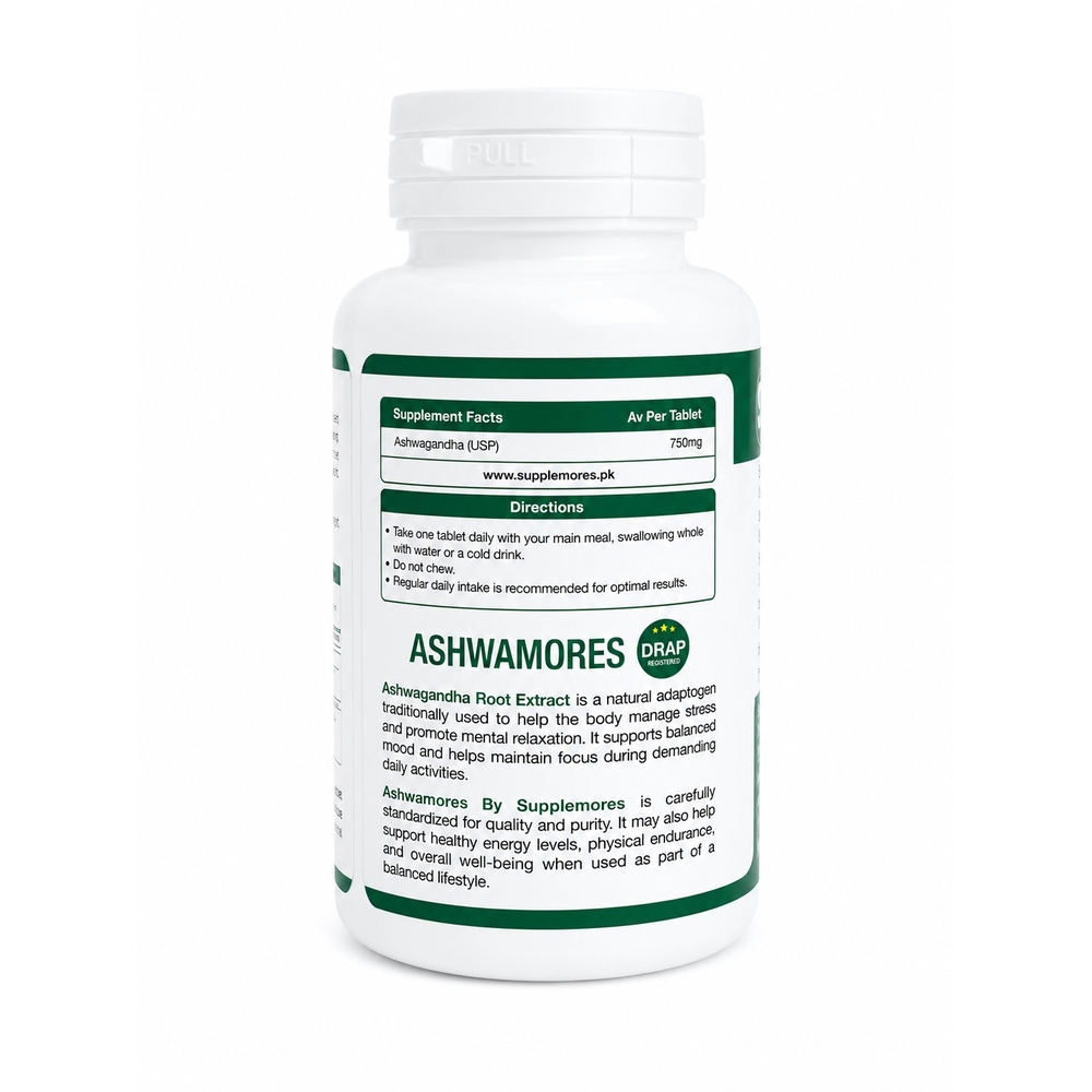 A white plastic bottle of Ashwamores dietary supplements by DRAP, featuring a white and green label with supplement facts and directions.