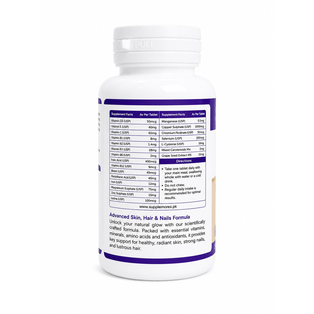 A white plastic bottle of hair and nails supplement, shown from the back to display the detailed purple and white label. The bottle has a white ribbed cap with a pull tab and is photographed on a clean white background.