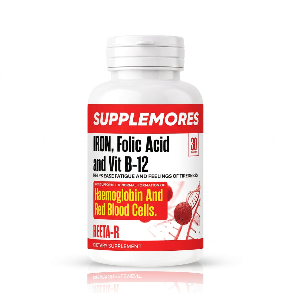 Supplement bottle labeled 'Supplemores' with red and white label on a white background