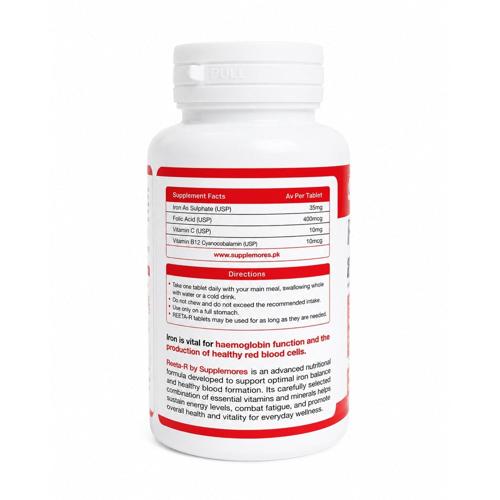 A white plastic bottle of Nupremes Iron supplement with a white cap, showing the back label with red and black text and details on iron content and directions.