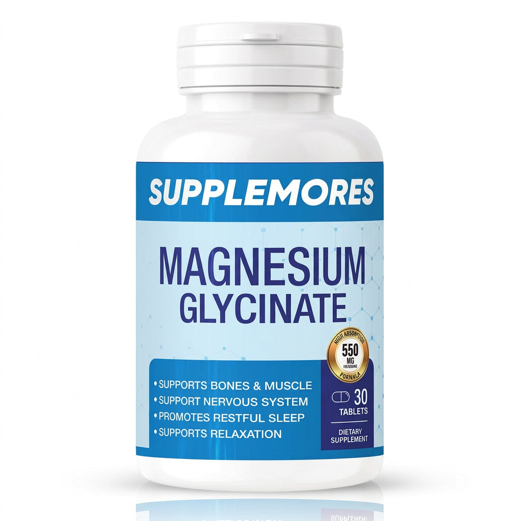 Supplement bottle labeled 'Supplemores Magnesium Glycinate' on a white background