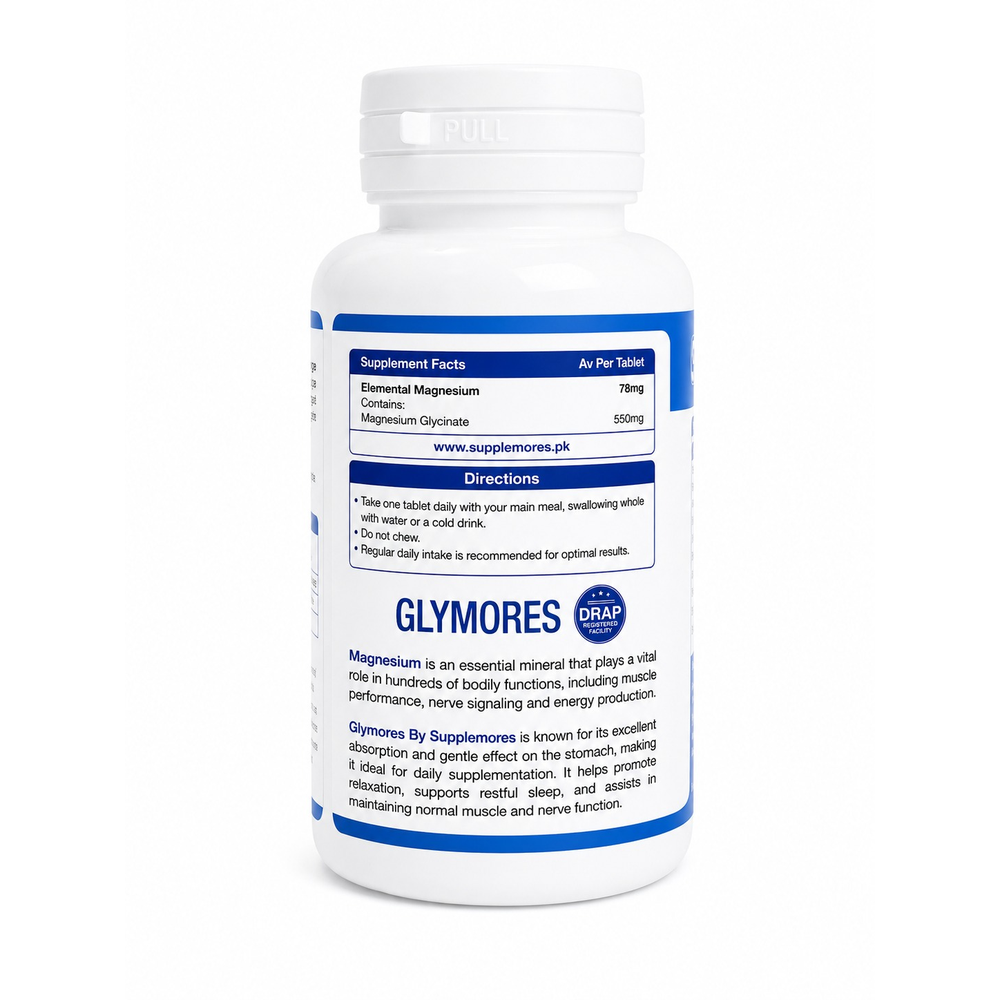 A white plastic bottle of Glymores Elemental Magnesium supplement, featuring a white cap and a white label with blue text and borders, set against a plain white background.