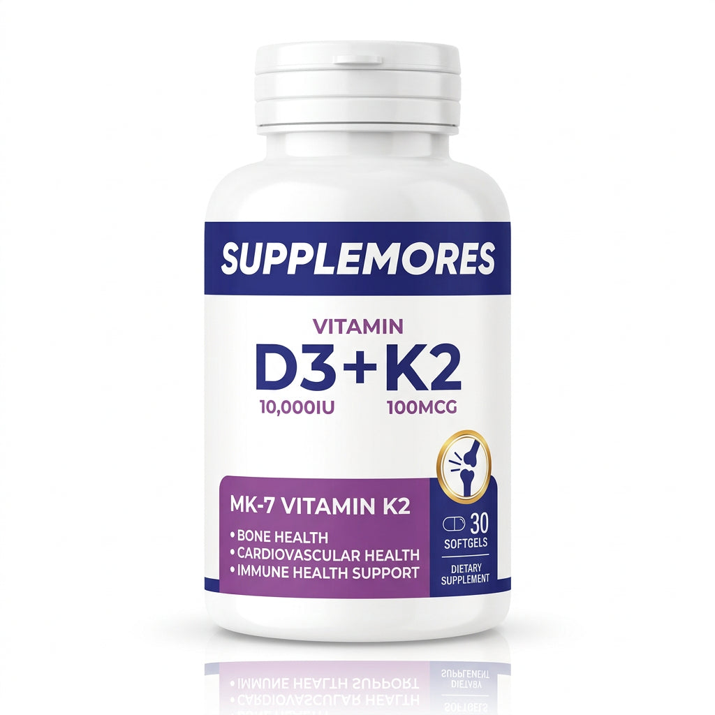 Supplement bottle labeled 'Supplemores Vitamin D3+K2' on a white background
