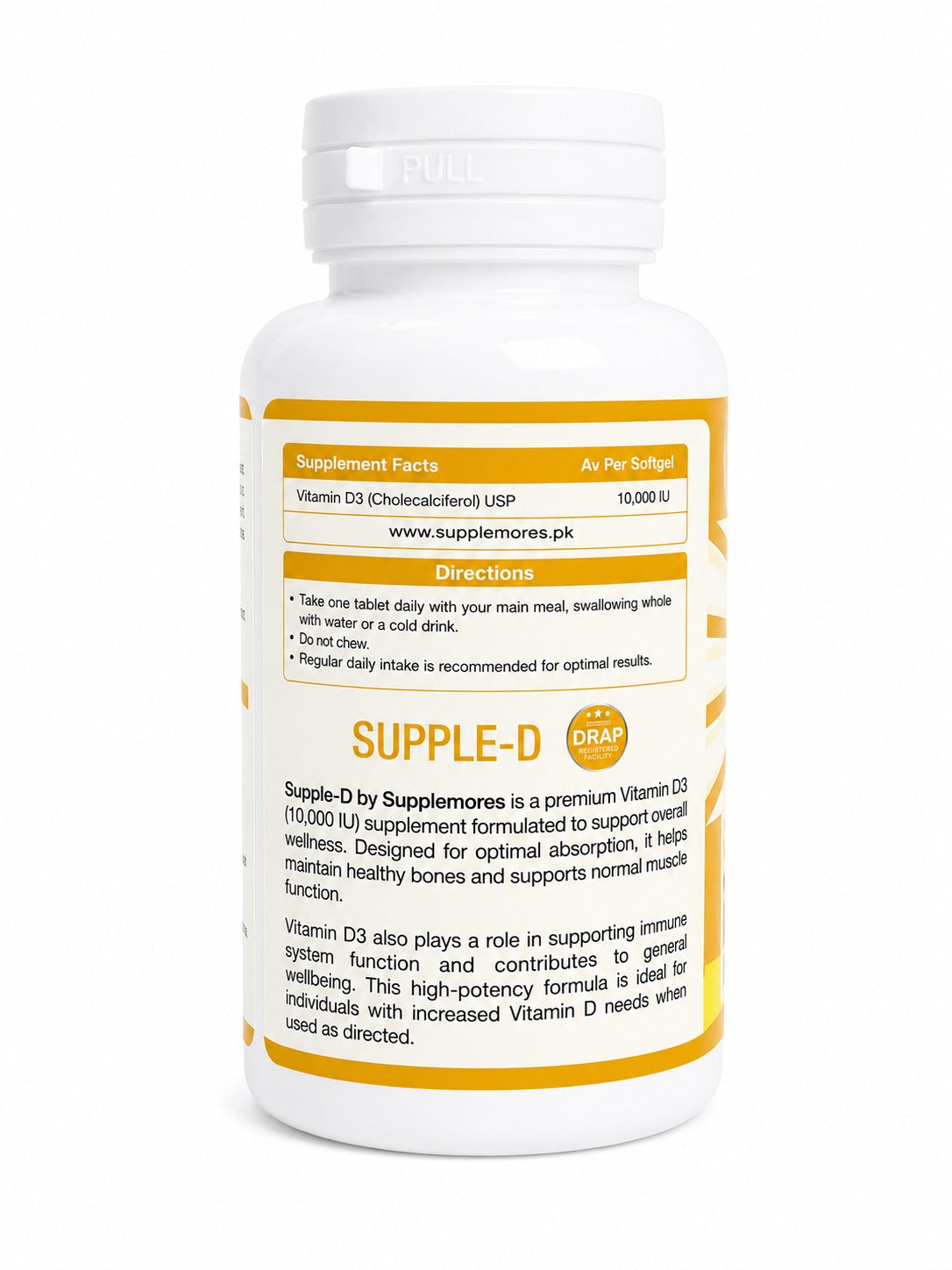 Supplement bottle labeled 'SUPPLE-D' on a white background