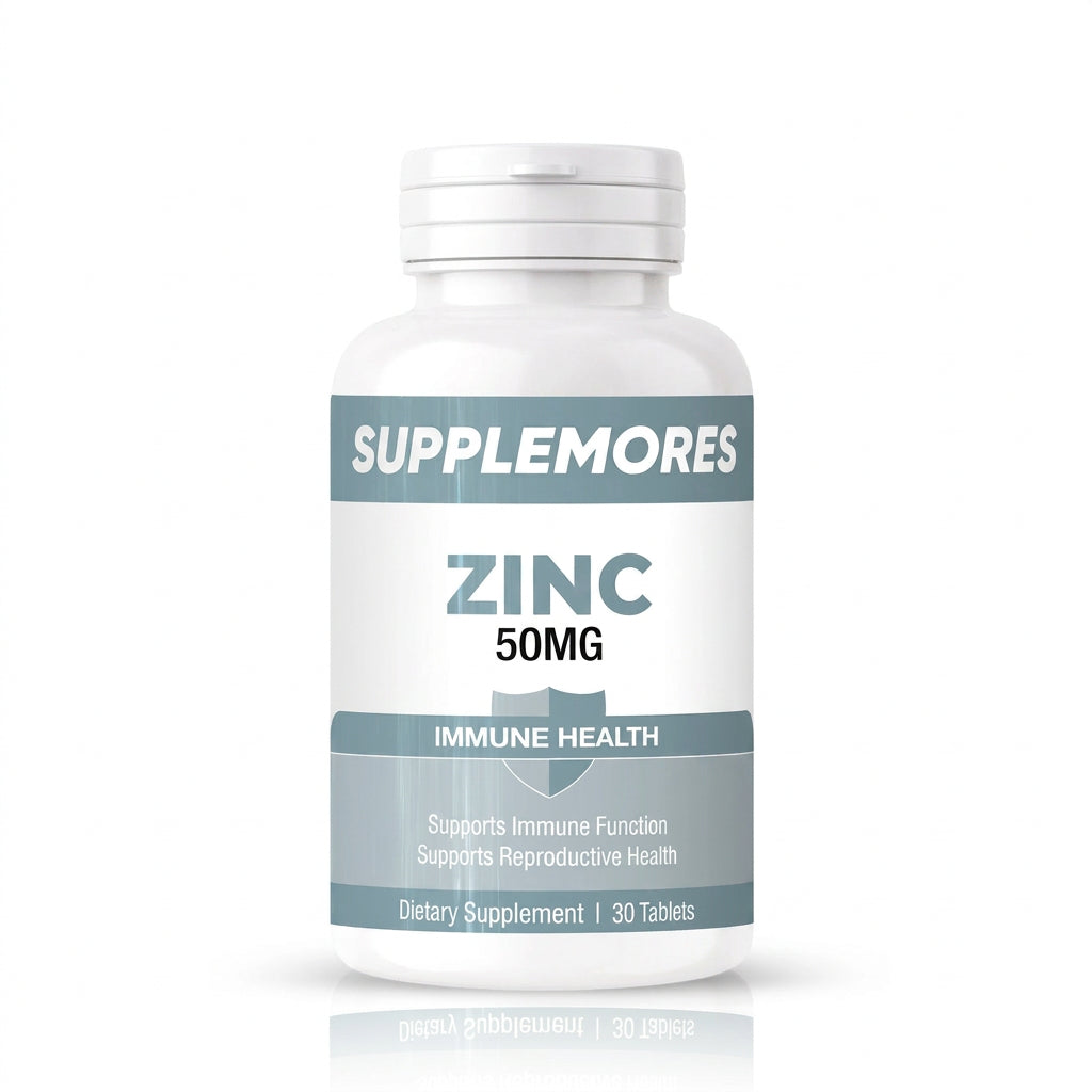 Supplement bottle labeled 'Supplemores Zinc 50MG' on a white background