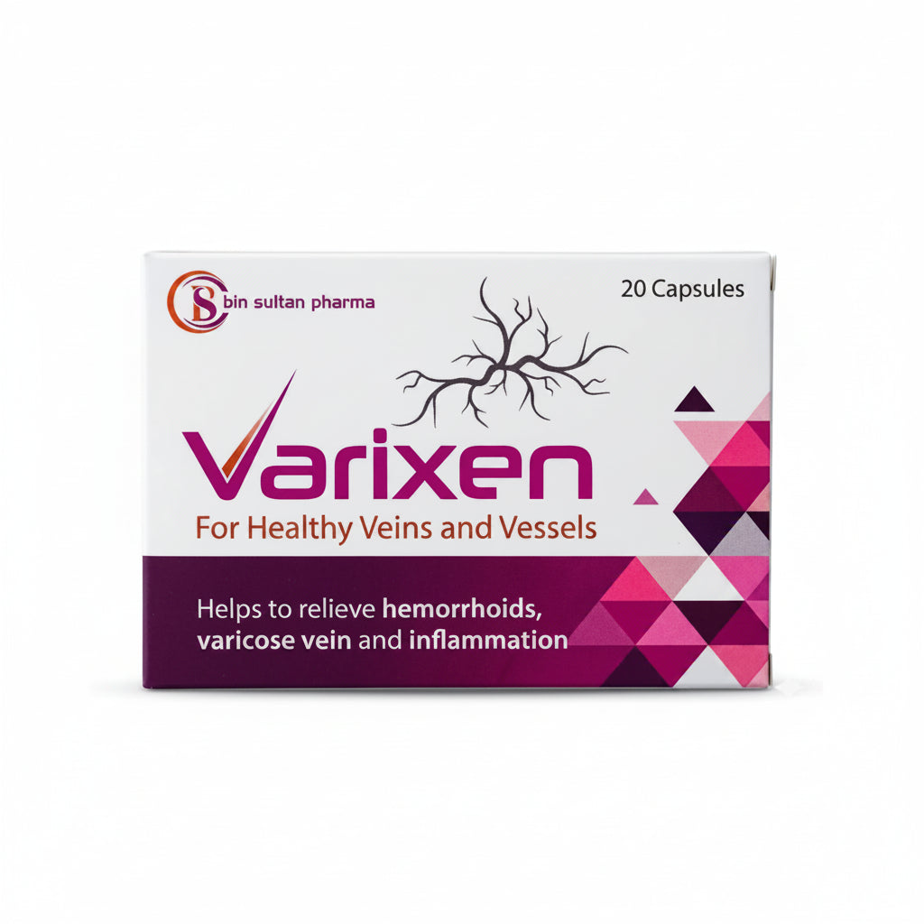 Box of Varixen capsules for healthy veins and vessels with bin sultan pharma branding.