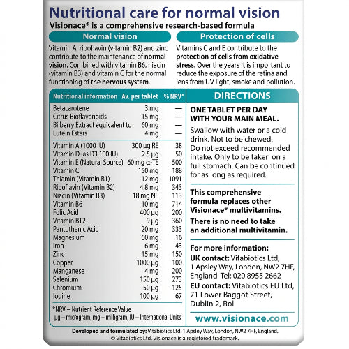 Vitabiotics Visionace Original Eye Vitamins | One-A-Day with Lutein, Bilberry, Vitamin A, B2 & Zinc & Supports Normal Vision & Cell Protection & Slow Release | 30 Tablets