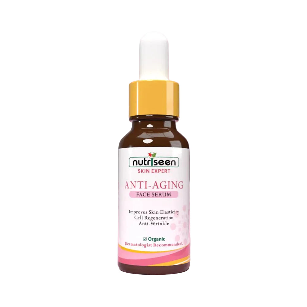 Nutrissean anti-aging face serum bottle on a pink background