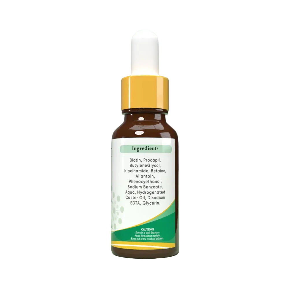 Bottle with dropper and labeled ingredients on a green background